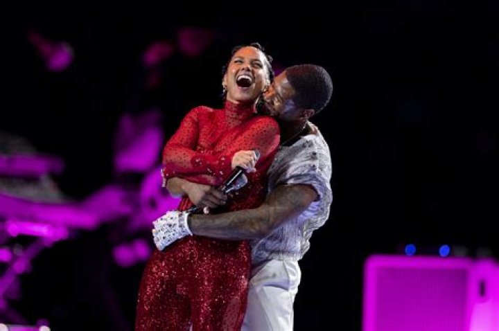 Usher and Alicia Keys performing together at the 2024 Super Bowl